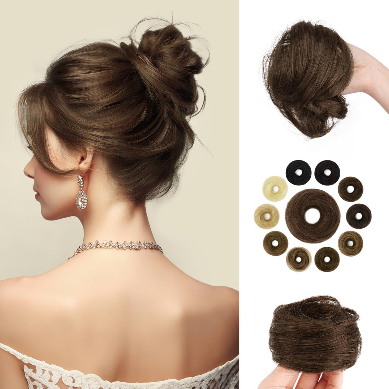 SOFEIYAN Human Hair Bun 100% Real Human Hair 16g Messy Bun Natural Tousled Stretchy Fluffy Donut Updo Elegant Chignon with Elastic Rubber Band Fake Bun Hair Pie