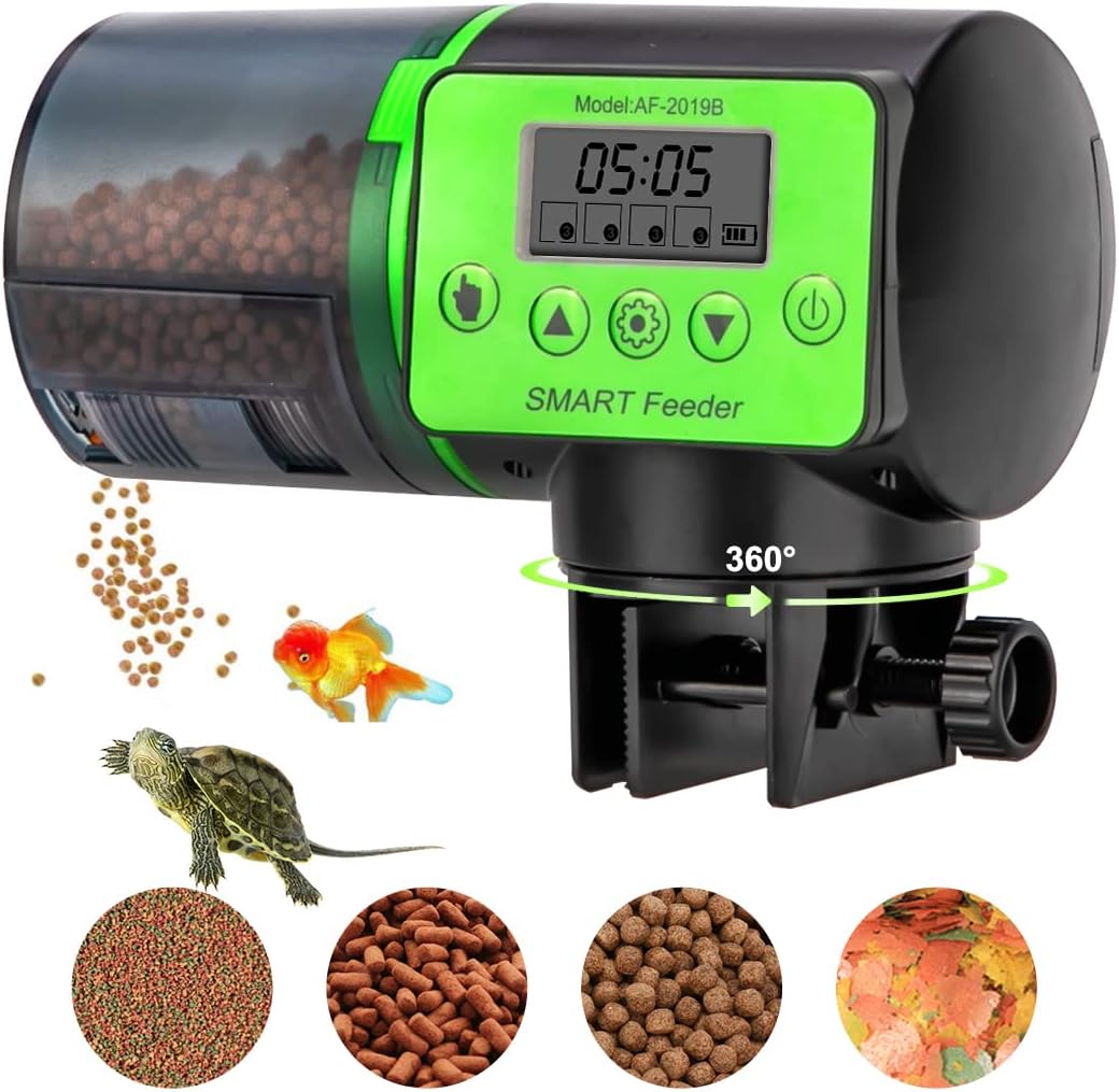 Automatic Fish Feeder Electric Auto Fish Food Feeder 360°Rotatable Moisture-Proof Timer Dispenser for Aquarium or Small Fish Turtle Tank, Auto Feeding on Vacation or Holidays (Green)