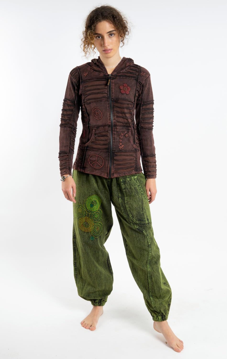 Guru-Shop, Goa Patchworkowa kurtka boho z kapturem - oliwkowa zieleń/cytryna, bawełna, kurtki i kamizelki