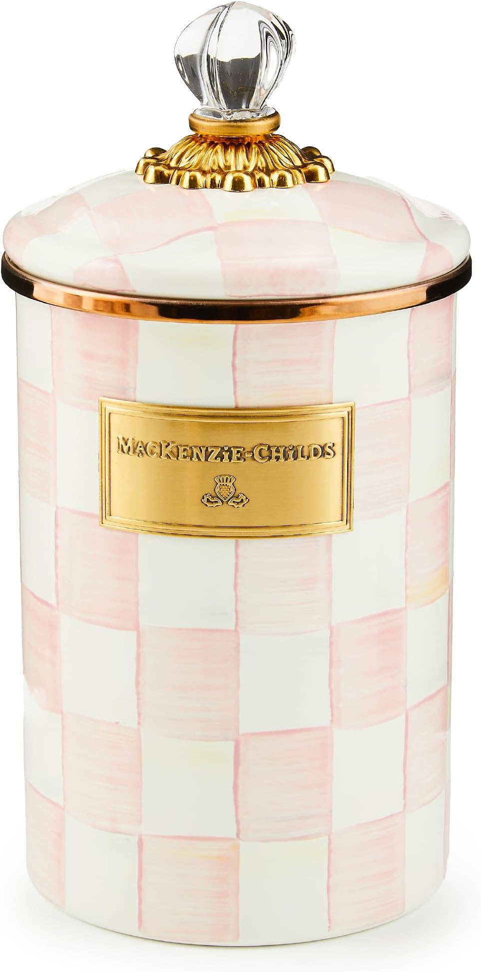 MACKENZIE-CHILDS Large Enamel Canister, Kitchen Storage Container for Flour and Sugar, 1.89 Liters, Pink-and-White Rosy Check
