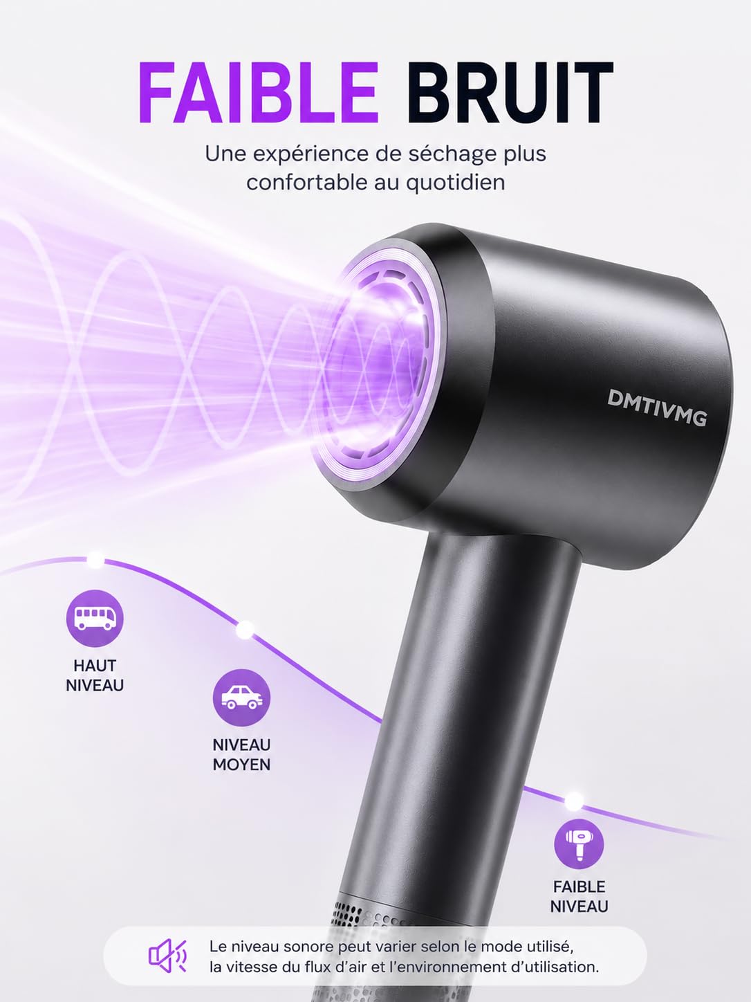 Sèche Cheveux Ionique 500 Millions Seche Cheveux Professionnel Séchage Ultra Rapide Type Salon Anti-Frisottis 160 000 tr/min Léger Faible Bruit Diffuseur Magnétique 4 Température (Gris Foncé)