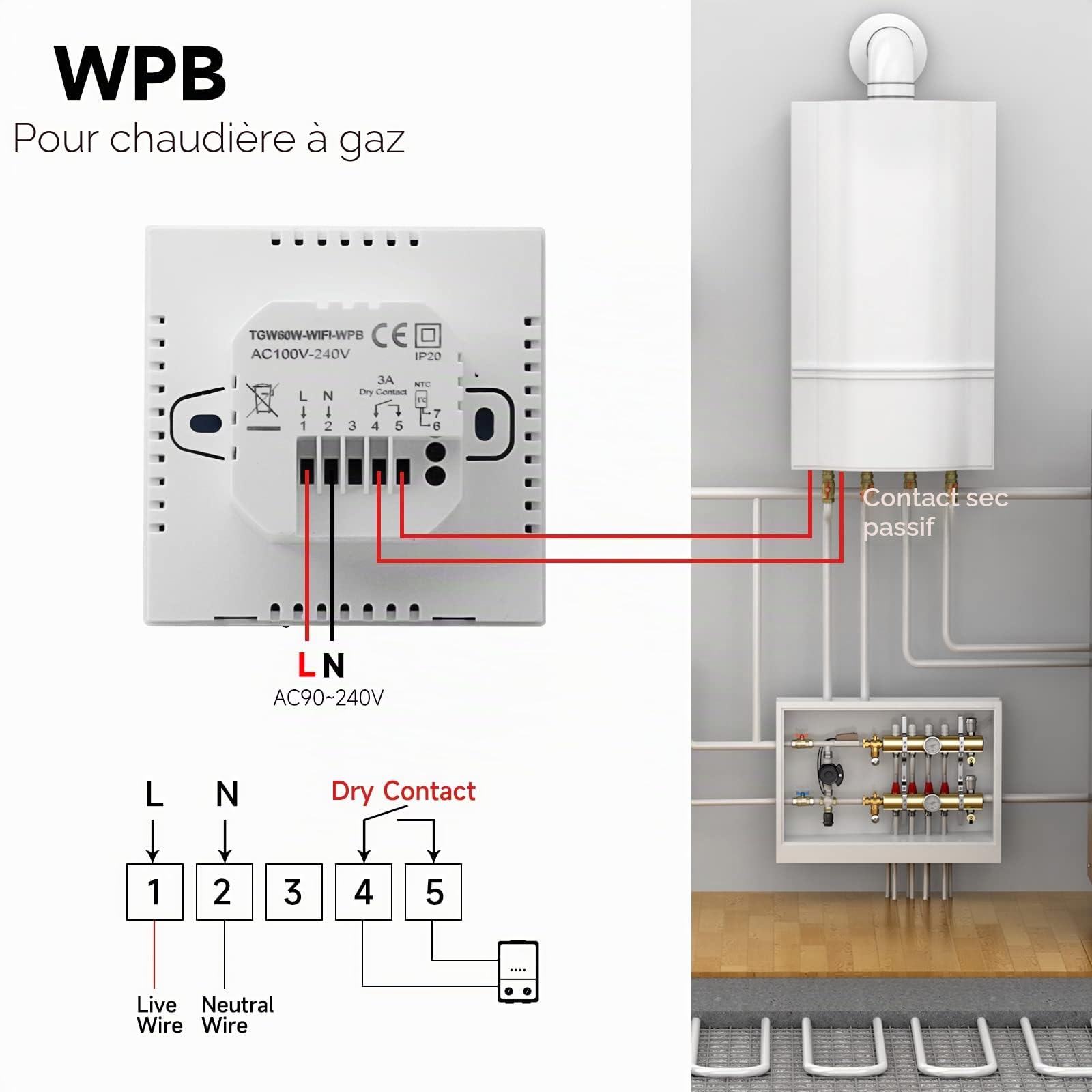 Beok Thermostat WiFi Intelligent, Thermostat de Chaudière Programmable pour Chauffage de Chaudière Eau/Gaz, Montage Mural avec Affichage LCD Numérique,TGW60-WIFI
