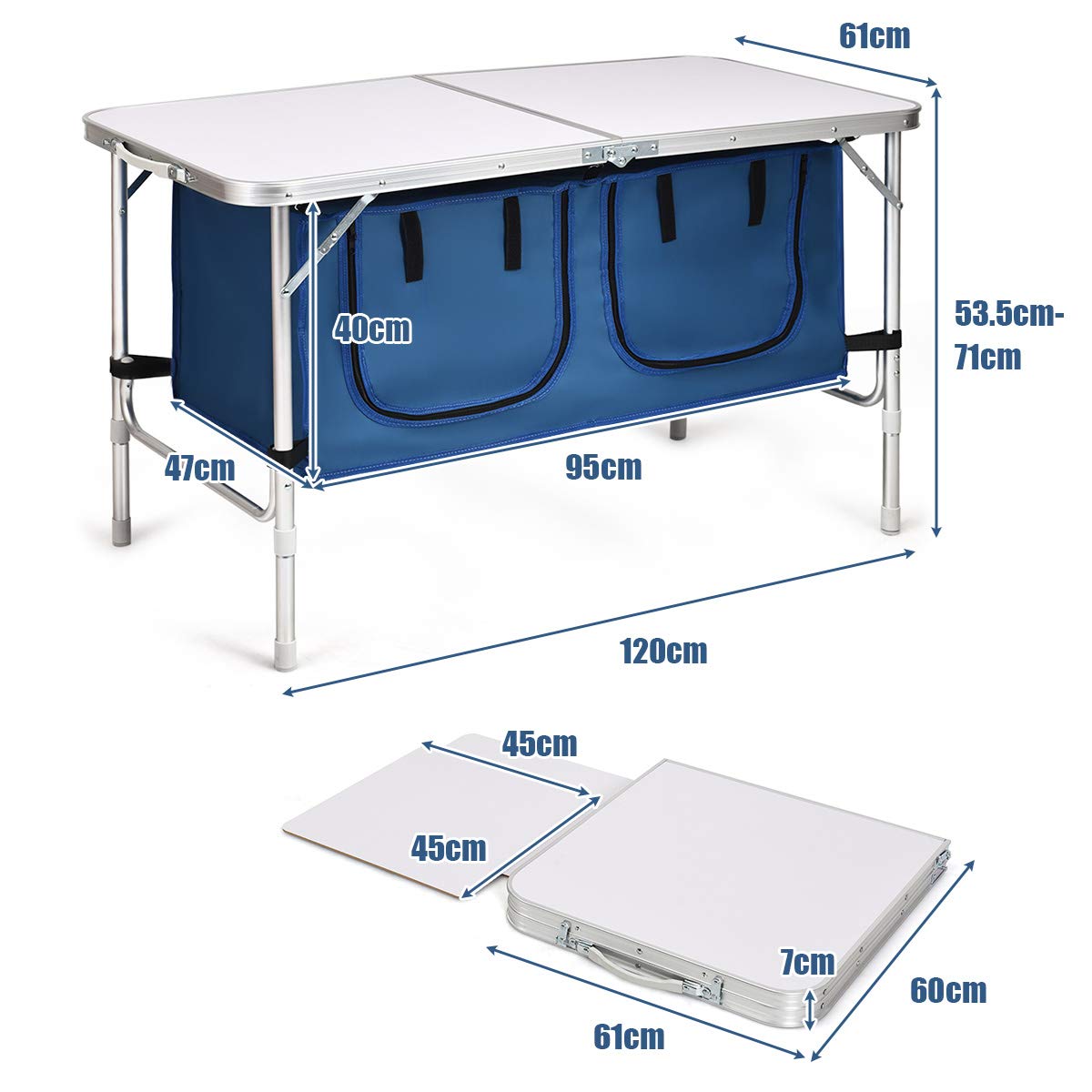 KOMFOTTEU Aluminiowy składany stół kempingowy regulowana wysokość 53,5/71 cm | Stół piknikowy z szafkami 120 l, 120 x 61 cm, na grill, imprezę, na zewnątrz
