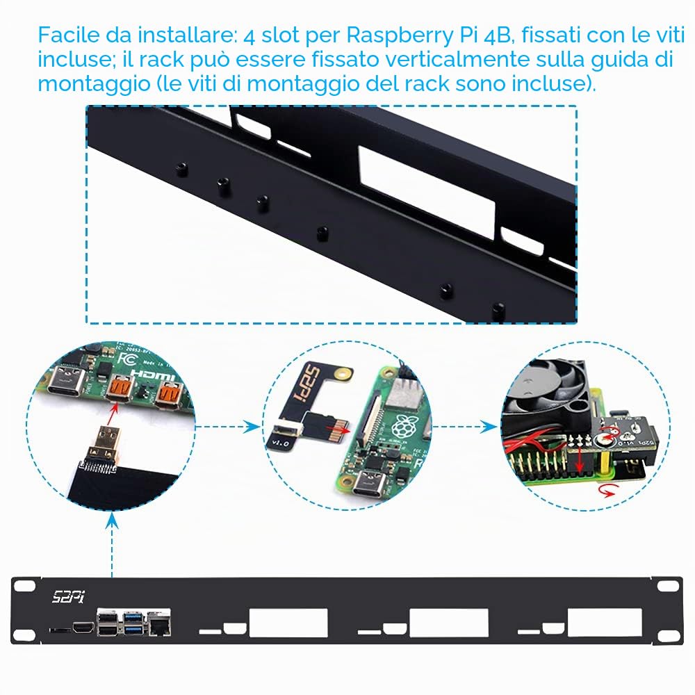 GeeekPi Kit rack 1U per Raspberry Pi 4B, 19", 1U, supporta 1-4 unità con 4 ventole Raspberry Pi, dissipatore di calore, micro HDMI a schede HDMI, scheda TF a FPC per Raspberry Pi 4B