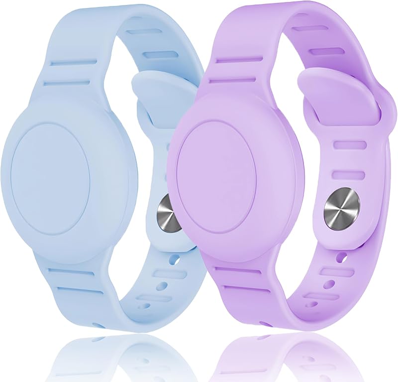 Pulseira Infantil de Silicone para Apple AirTag com Capa Protetora e Tamanho Ajustável Azul e Roxa