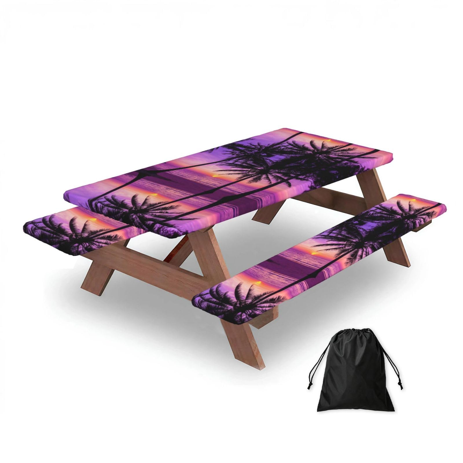 ESNAIUVCD Palm Trees At Sunset Print Picnic Table Cover With Bench Covers,Camping Essentials,Fitted Tablecloth Cover With Elastic Edge, For Indoor & Outdoor 3 Pcs
