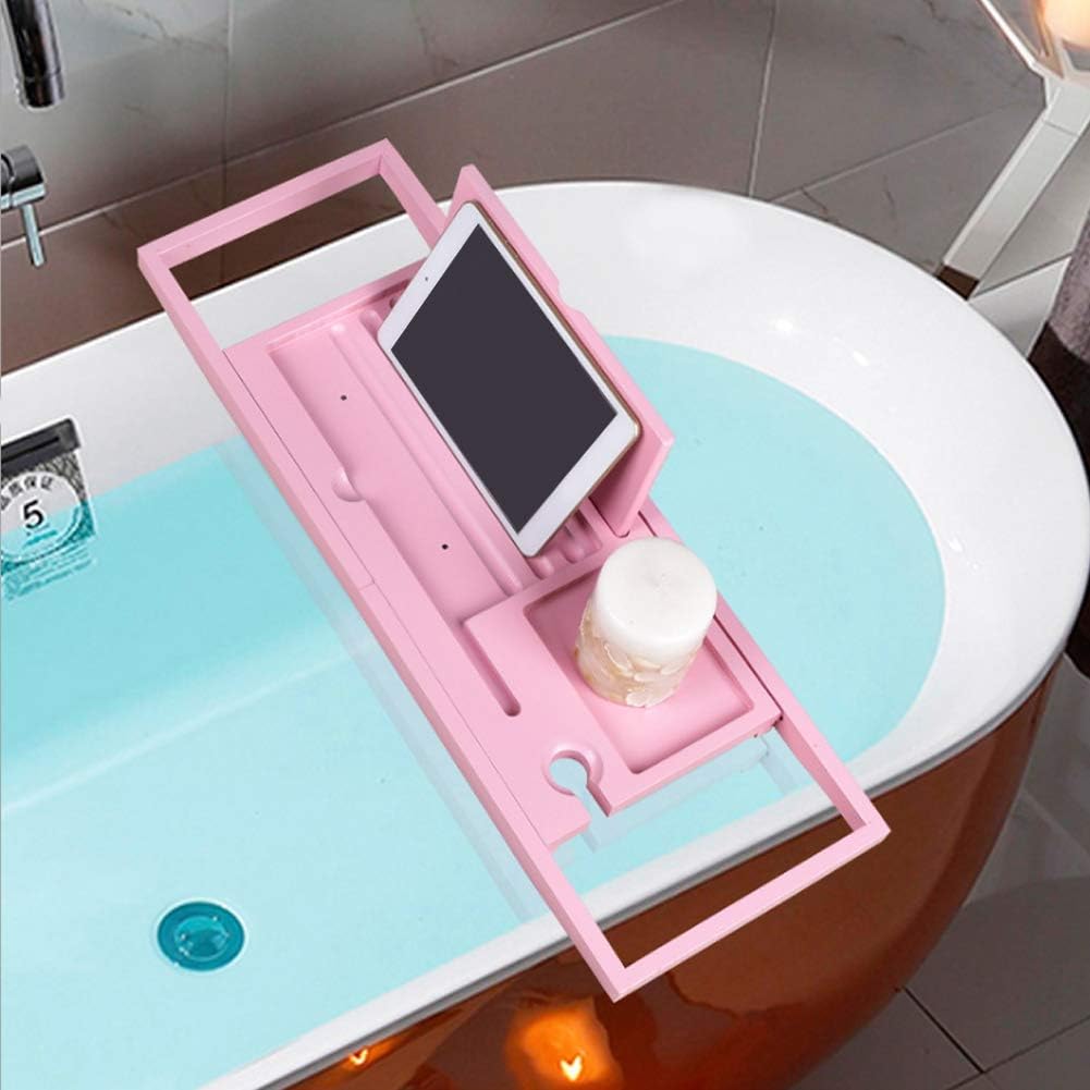 Rozszerzalna bambusowa taca wannowa wysuwany pojemnik na telefon i książki do wina stylowe akcesoria kąpielowe (90 cm różowy) - idealny do relaksu i spa.