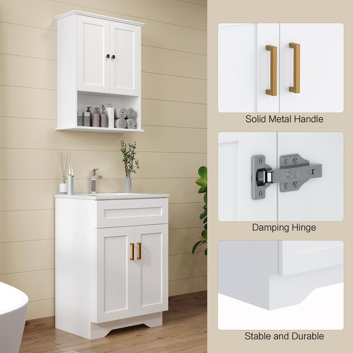 24 Inch Bathroom Vanity with Sink, Modern Bathroom Vanity with Ceramic Basin and Countertop, Narrow Design for Small Bathroom, White