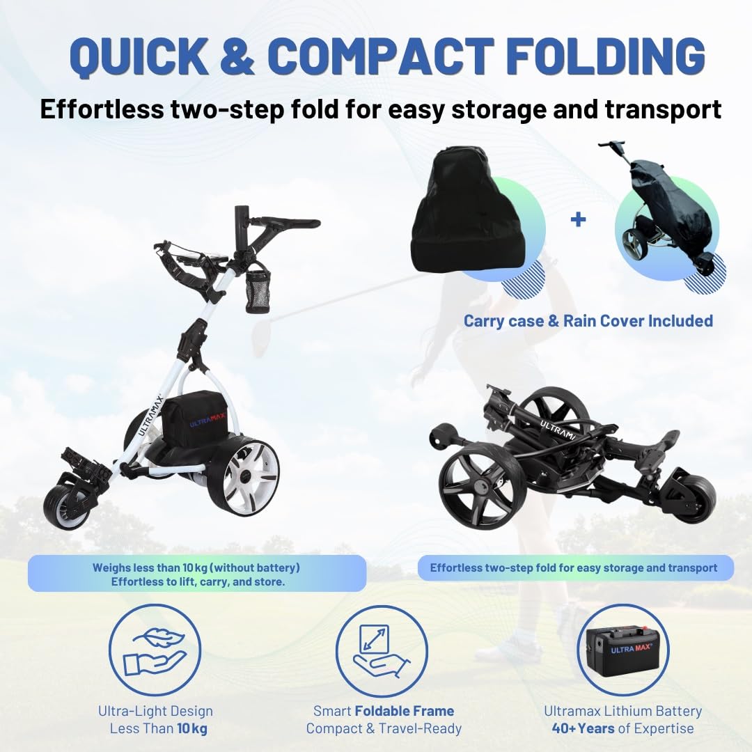 Ultramax Elektrischer Golftrolley mit 36-Loch-Lithium-Akku und Ladegerät, kostenloses Zubehör, 9 Geschwindigkeitsregelung, automatische Entfernung, leicht, zusammenklappbar, Aluminium