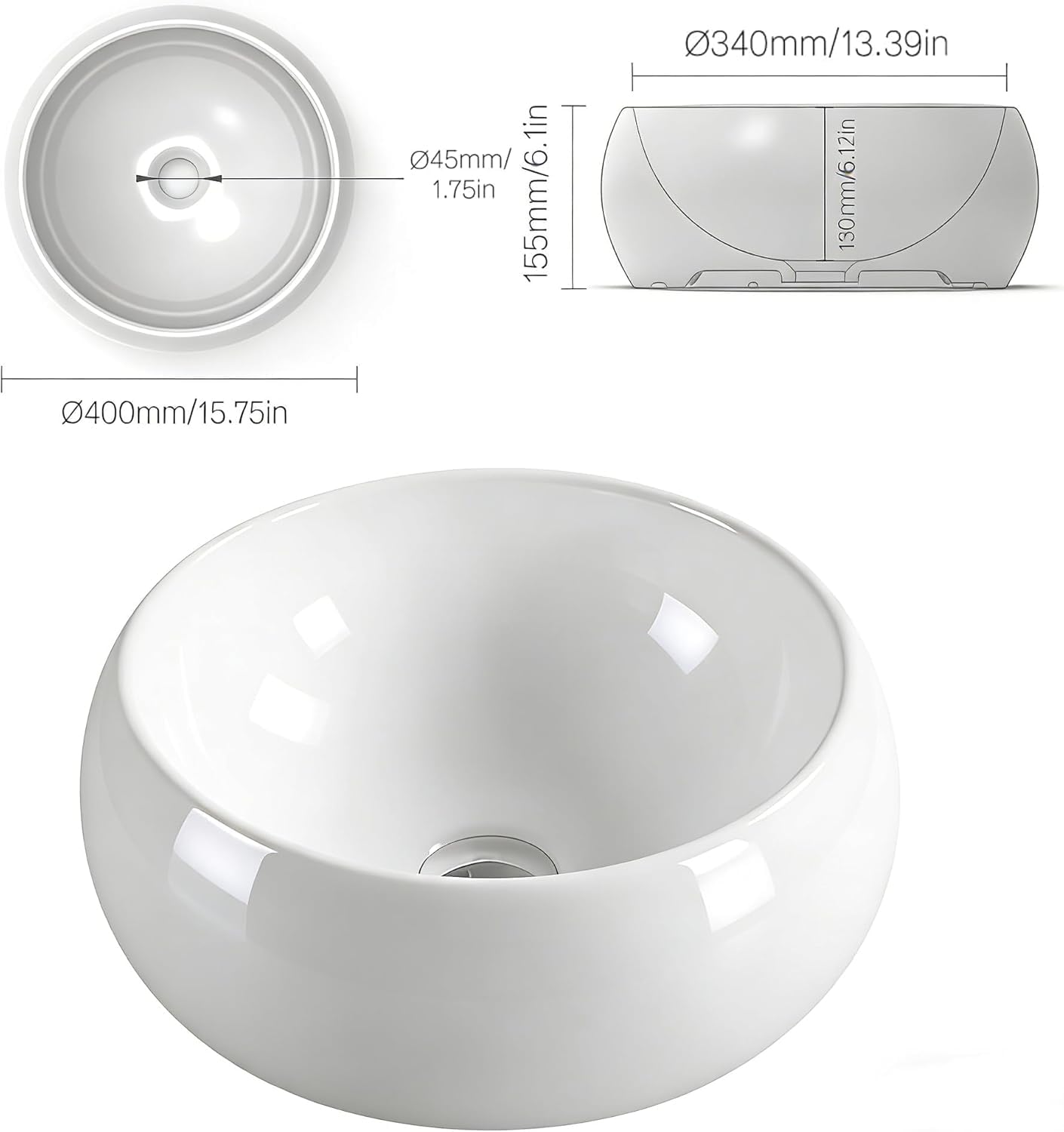 NUESTRA VIDA Lavabo de Cerámica para Baño, Lavabo Sobre Encimera Lavamanos Redondo de Baño 40 × 40 ×15,5cm, Ideal para Poner Sobre Encimera de Muebles de Baños y Aseos