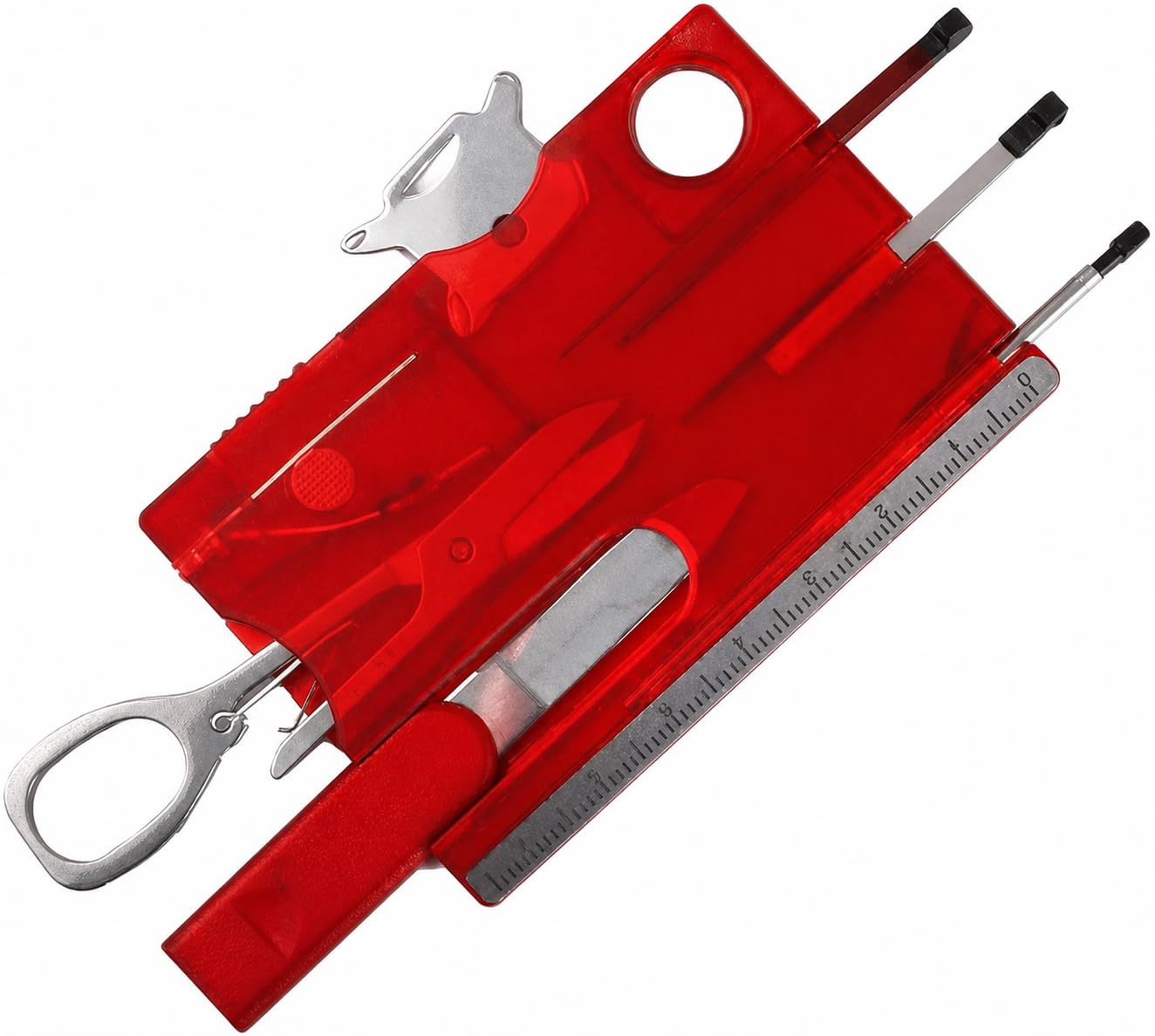 12-in-1 Credit Card Multi Tool, Pocket Survival Tool Kit with Screwdriver, Scissors, Tweezers, Ruler & Bottle Opener, Wallet Size EDC Multitool Gift for Men Dad, Red