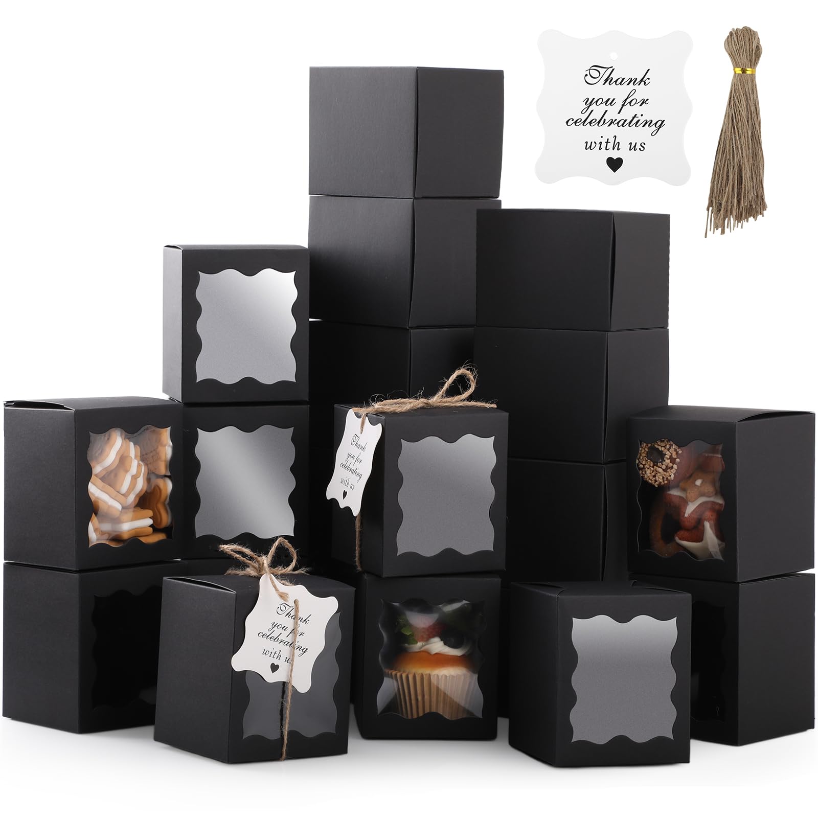 20PCS Kraft Paper Boxes with Clear Windows+Rope+Tag 8.5 * 8.5 * 10CM Black