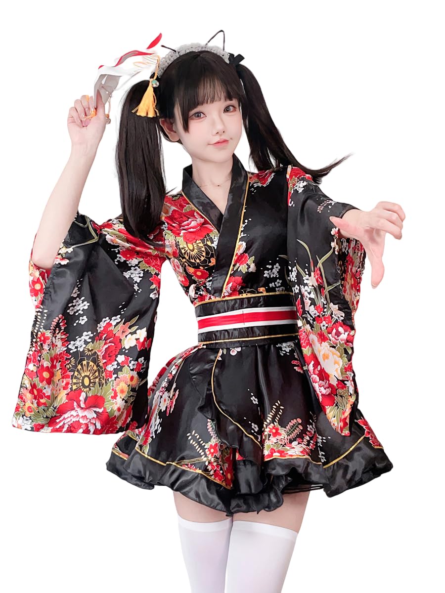[Kazeni Sinen] Kimono Cosplay, Women's, Japanese Style Oiran, Yamato Nadeshiko Print, Yukata, Kimono + Obi, Set of 2 (Black, One Size)