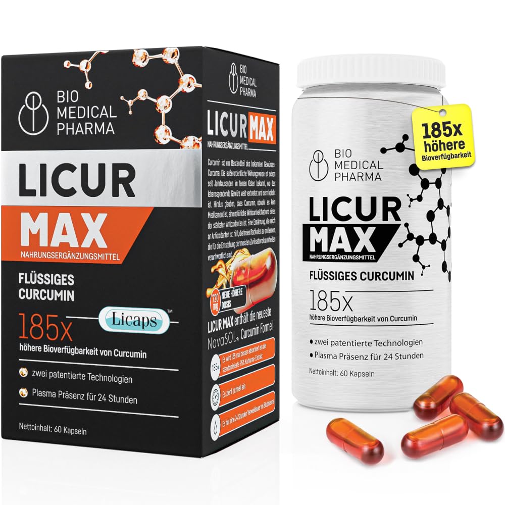 Kurkuma Kapseln Hochdosiert – 185x Höhere Bioverfügbarkeit – Mizellares Curcumin NovaSOL – Nur 1 Kapsel Täglich Ohne Piperin – Vegane Flüssigkapseln – Licur Max (60 Kapseln, 2-Monats-Vorrat)
