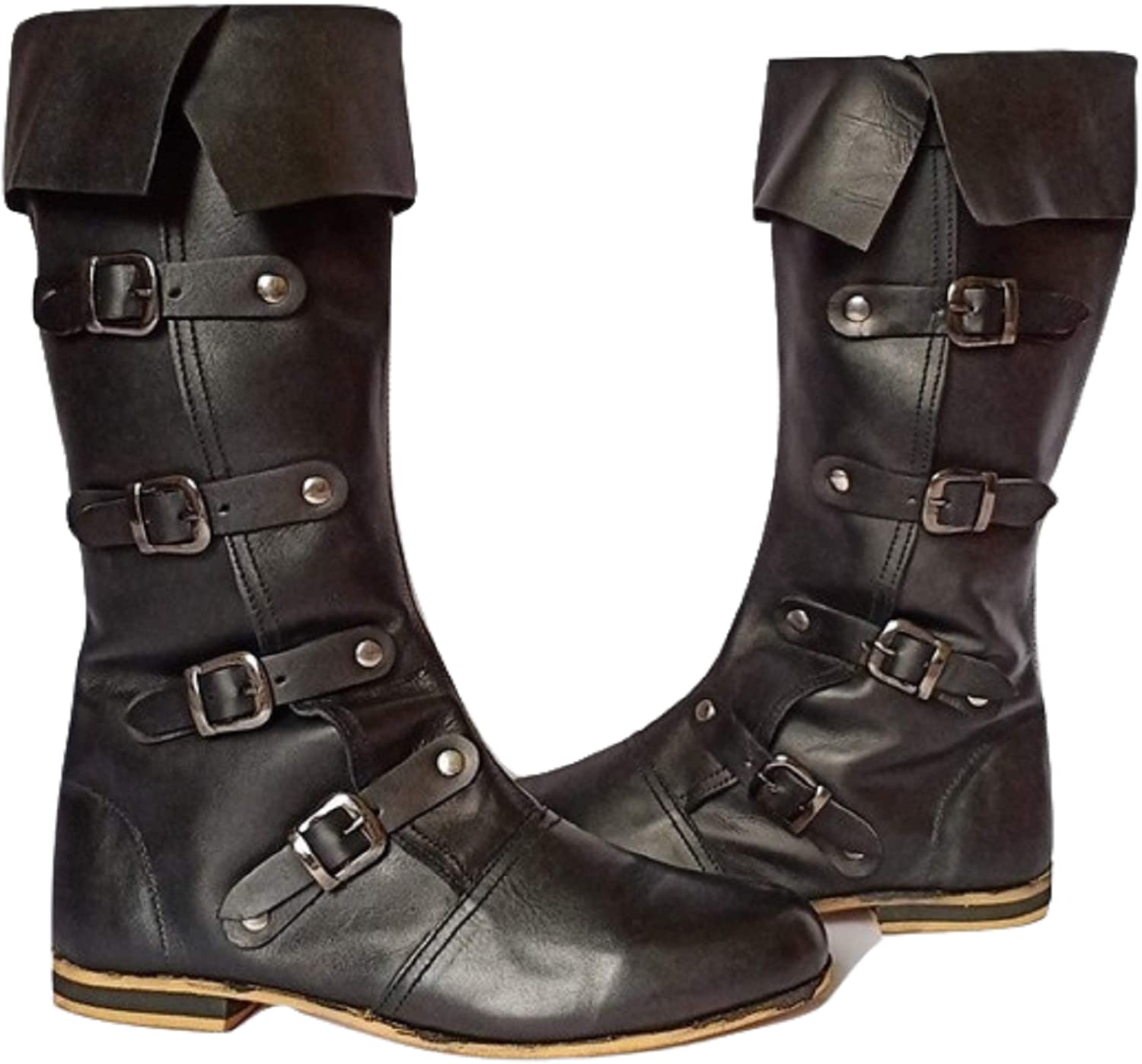Medieval Brown Leather Boots 4 Buckles Viking Inspired Loafer Leather Boots Reenactment Shoes for Cosplay Lovers