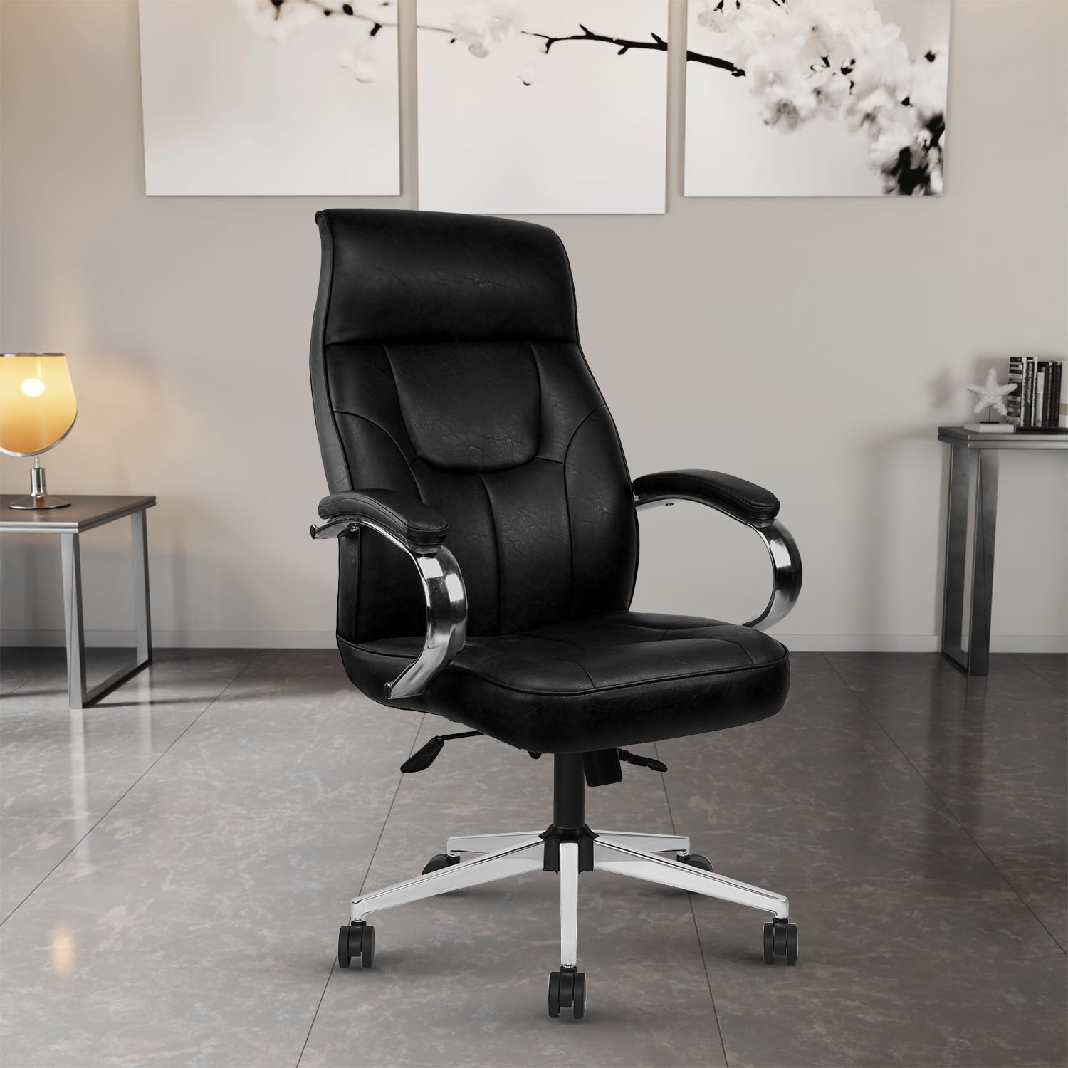 Vergo Stellar Leatherette Executive Chair, High Back, Fixed Padded Armrests, Spacious Cushioned Seat, Any-Position Tilt-Lock Recline, Heavy-Duty Metal Base, Ergonomic Boss Chair for Office (Black)