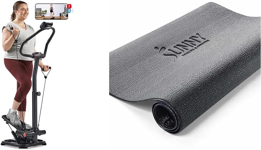 Sunny Health & Fitness Smart 2-in-1 Power Stepper with Resistant Bands & Handlebar + Sunny Health and Fitness Equipment Mat -Extra Small - NO. 074-XS