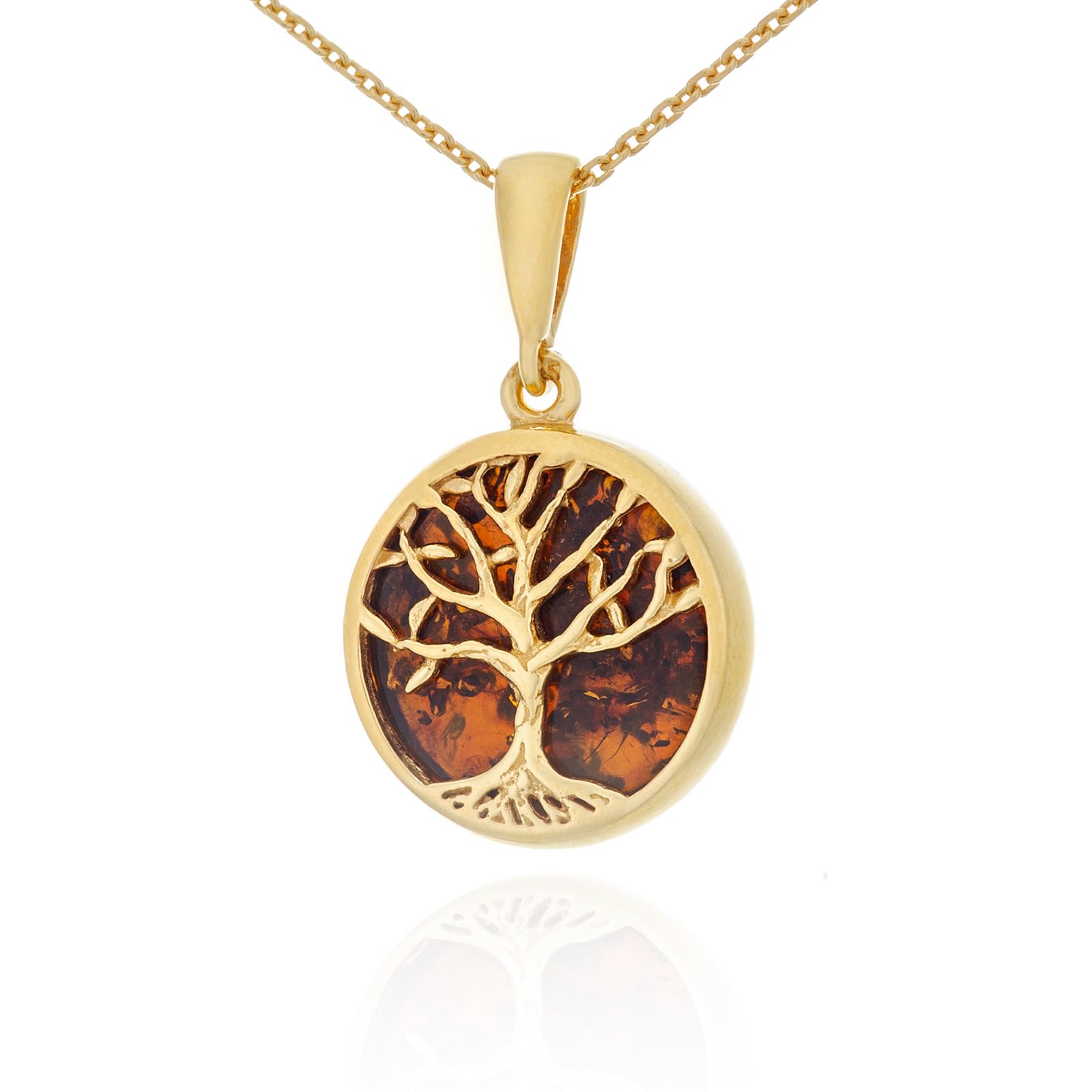 Damen Kleine Halskette Baum des Lebens mod. 08 mit Bernstein, Vergoldetes Sterling Silber, Bernstein in Kognakfarbe, Vergoldetes Anhänger mit Kette
