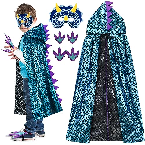HERMORRYSS Cape Dinosaure Déguisement Enfant, Costume Dragon Bleue, Set de
