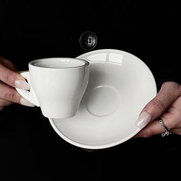 White Ceramic Espresso Cups with Saucers Italian-Style Small Coffee Mugs Set for Espresso Minimalist Porcelain Mini Cups,White