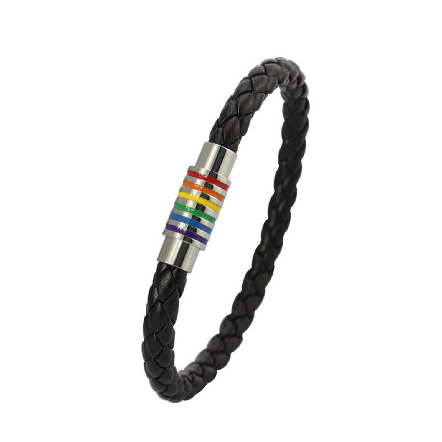 Nanafast Titanium Stainless Steel Rainbow LGBT Pride Bracelet Handmade Braided LGBTQ Pride Bracelets PU Leather Weave Plaited Wristband Jewelry