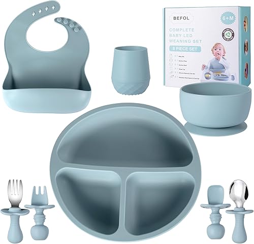 Juego de alimentación de silicona para bebés, juego de suministros de destete para bebés (juego de cuencos divididos para bebés con babero, cuchara