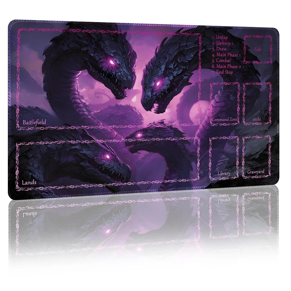DUNQEO Fantasy Game Mat Compatible with MTG, TCG – 24”x14” Playmat with Stitched Edges for Trading Card Games, Board Games & Desk Use(Hydravenom,with Game Zones)