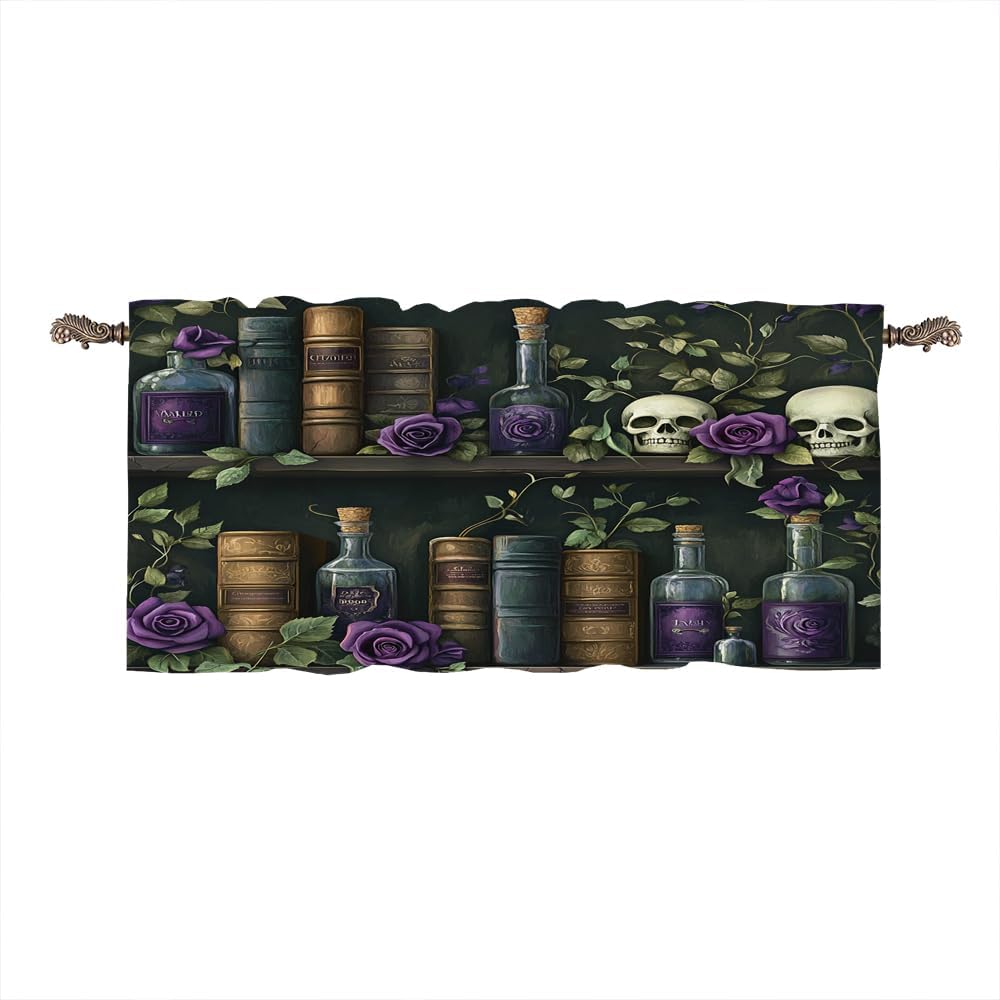 Abstract Watercolor Bookshelf Unique Design Valances Rustic 70s Gothic Skull Rose Green Leaf Curtains for Many Scenes 54x18inch（1Pcs）