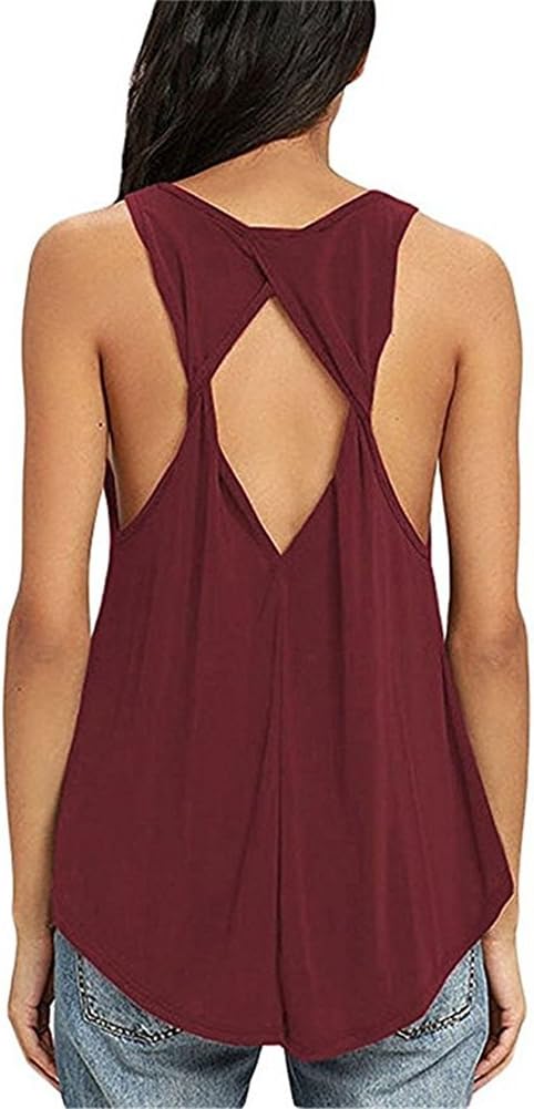YOUHUA Womens Summer Casual Loose Vest Cute Open Back Tank Tops Sleeveless Solid Color Blouse Black Sexy Backless Shirt S-XL(HHY0603-wine red-XXL)