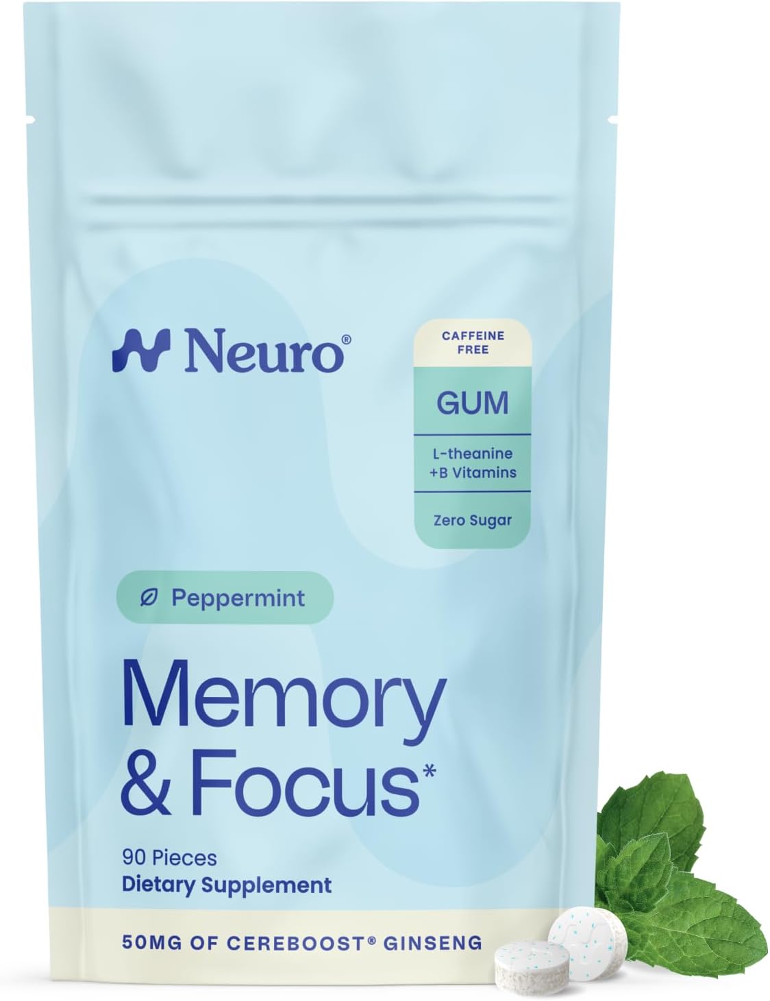 Memory & Focus Gum - Nootropic Gum with Vitamin B12, Vitamin B6, L-Theanine & Ginseng Extract - Natural Brain Support Supplement - Vegan, Caffeine & Sugar Free Chews - Peppermint, 90 ct