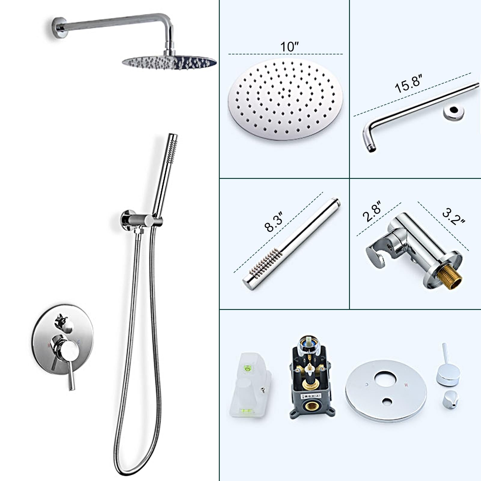 Sistema de Ducha Empotrada, Conjunto de Ducha, Ducha de Lluvia de 10 Pulgadas y Ducha de Mano, Agua Fría y Caliente Ajustable (Color : Chrome)