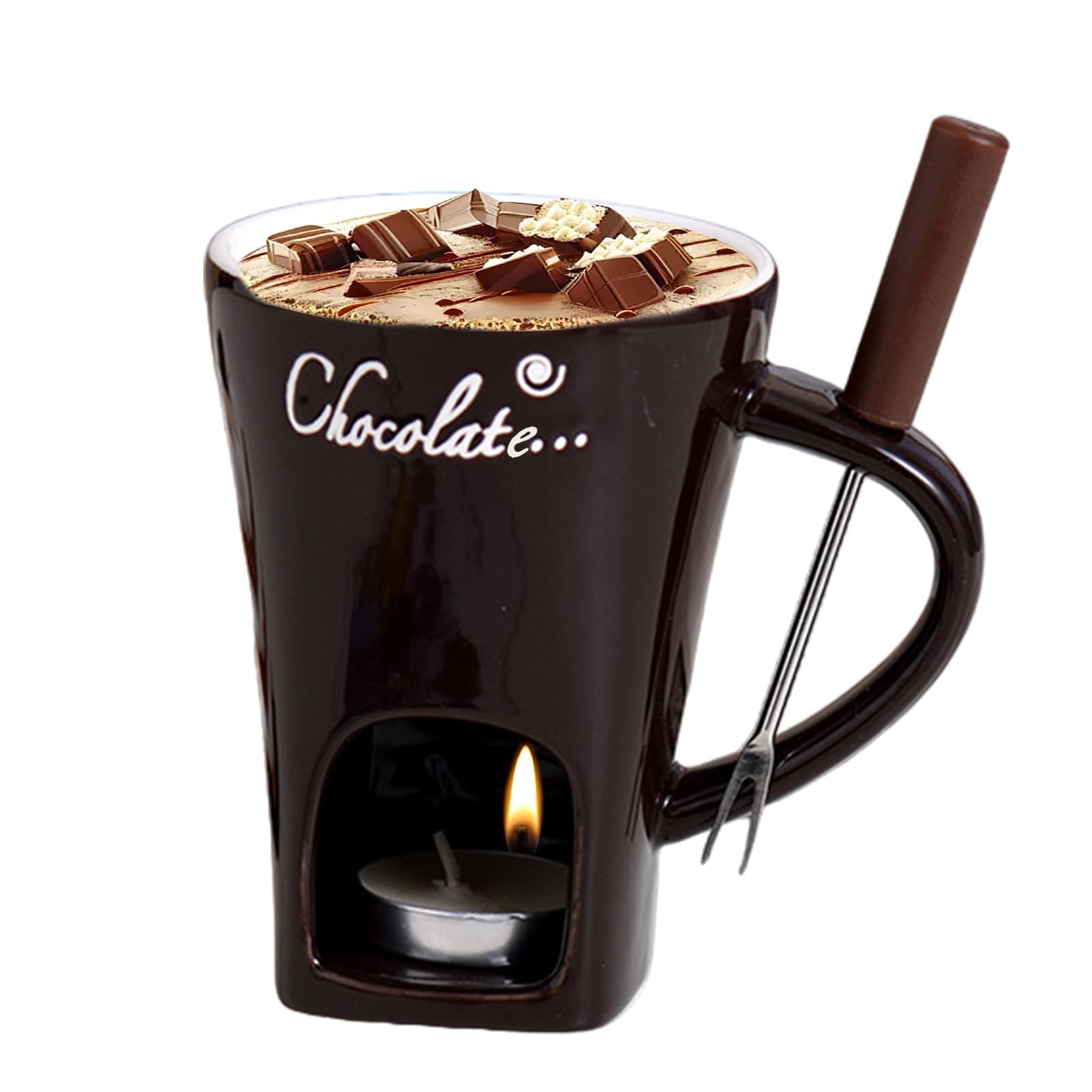 General Chocolate Fondue Mug, Cheese and Chocolate Fondue Mug, Chocolate Melting Cup High-Quality Ceramics, with Fork and Wax, Essential Household Items (B)