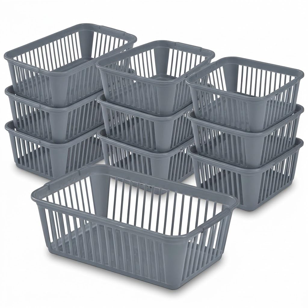 ACCURATE 10Pk Plastic Handy Basket, Storage Basket Great for Bathrooms, Bedroom and Kitchen (GREY, 25CM)