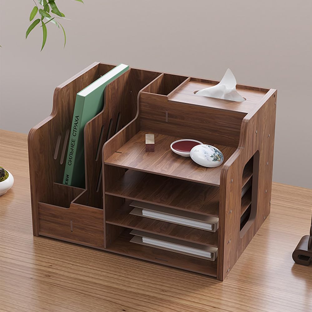 Hggzeg Organizer da scrivania in legno, grande capacità, organizer per documenti formato A4, organizer per ufficio fai da te, per casa, ufficio e scuola (JB07 legno di noce)