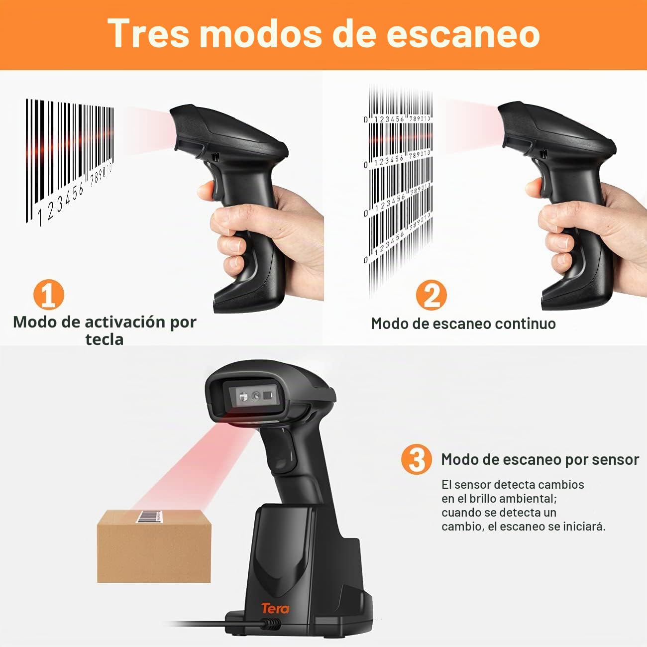Tera Escáner de código de Barras 2D QR inalámbrico con Base de Carga USB Lector de códigos de Barras de Mano Escaneado rápido y preciso 2D QR 1D códigos de Barras 3en1, D6100-NEW