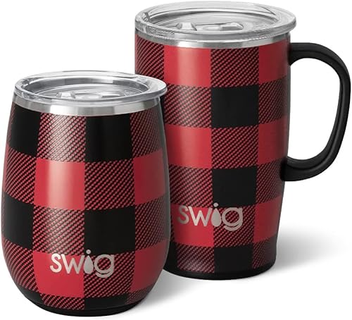 Swig Life Buffalo Plaid AMPM Set  18oz Travel Mug with Handle and Lid  14oz Insulated Wine Tumbler with Lid  Stainless Steel Dishwasher Safe Cup