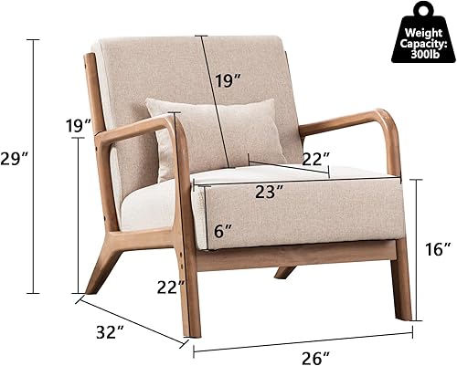 Miniatura 2 de ANJ Silla moderna con brazos, moderna de mediados de siglo, silla tapizada con almohada y marco de madera maciza, sillas cómodas de tela de lino