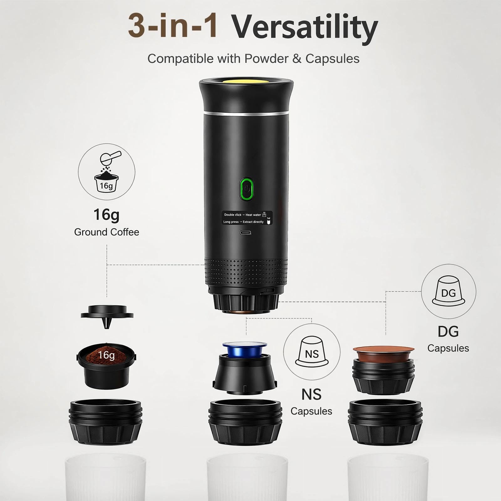 Cafetera Espresso Eléctrica Portátil 3 en 1, Maquina Cafe Capsulas 20 Bar | Cafetera de Viaje para Camping, Cafetera de Coche Autocalentable con USB C para Cápsulas Pequeñas o Grandes y Café Molido