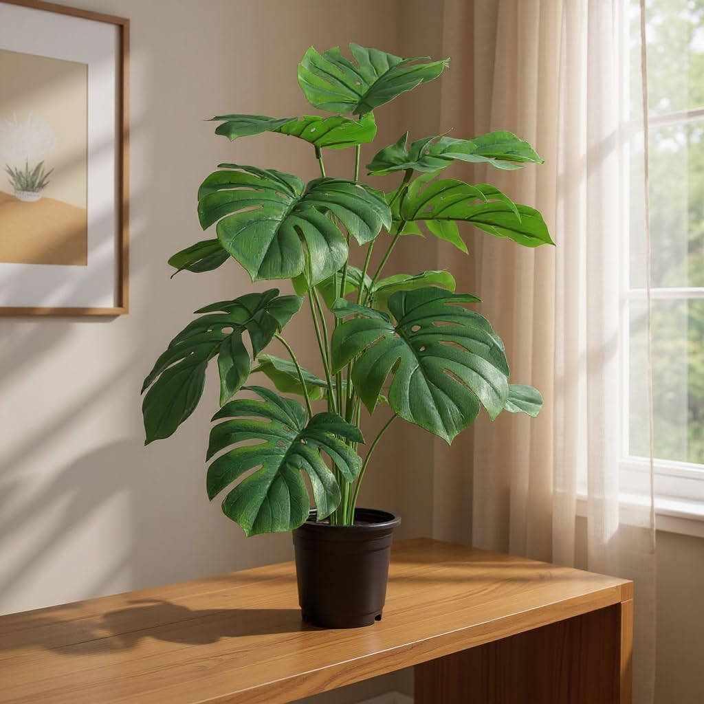 Aavana Greens Artificial Monstera Plants Rubber Leaves Faux Turtle Leaf Fake Tropical Large Palm Tree Green Leaves Outdoor Leaf Decorations | 18 Leaves Plants | 26Inch Plants | with Blackpot
