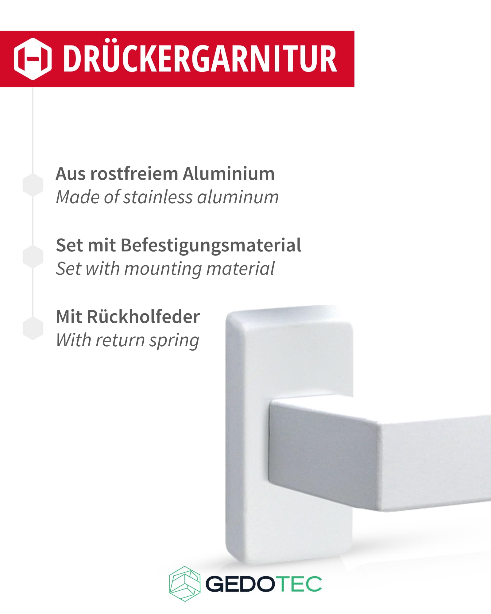 Gedotec Set di maniglie a leva per telaio stretto in alluminio | 1 set per porta Maniglia per porta ambiente su rosetta stretta | cilindro PZ | coppia di maniglie a leva bianche