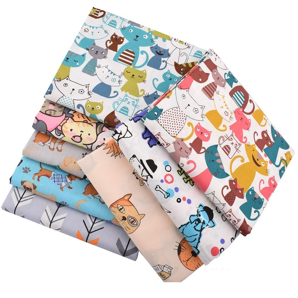 CraftsFabrics 8pcs/lot 40cmx50cm Cute Cats Dogs Cartoon Animals Fat Quarters Bundle 100% Cotton Printed Precut Craft Fabric Squares for Children's Quilting, Arts, Crafts, DIY Projects