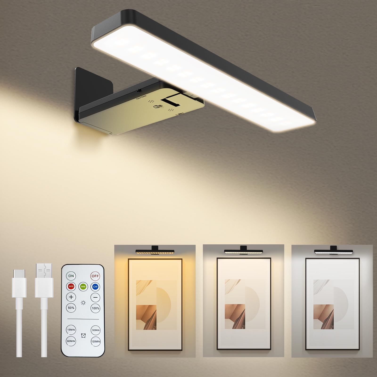 VIGMOJ Picture Light with Remote Control, Including Battery, 3 Lighting Colors and Adjustable Brightness, Used for Picture Dart Board, Photo Frame, Portrait LED Art Painting