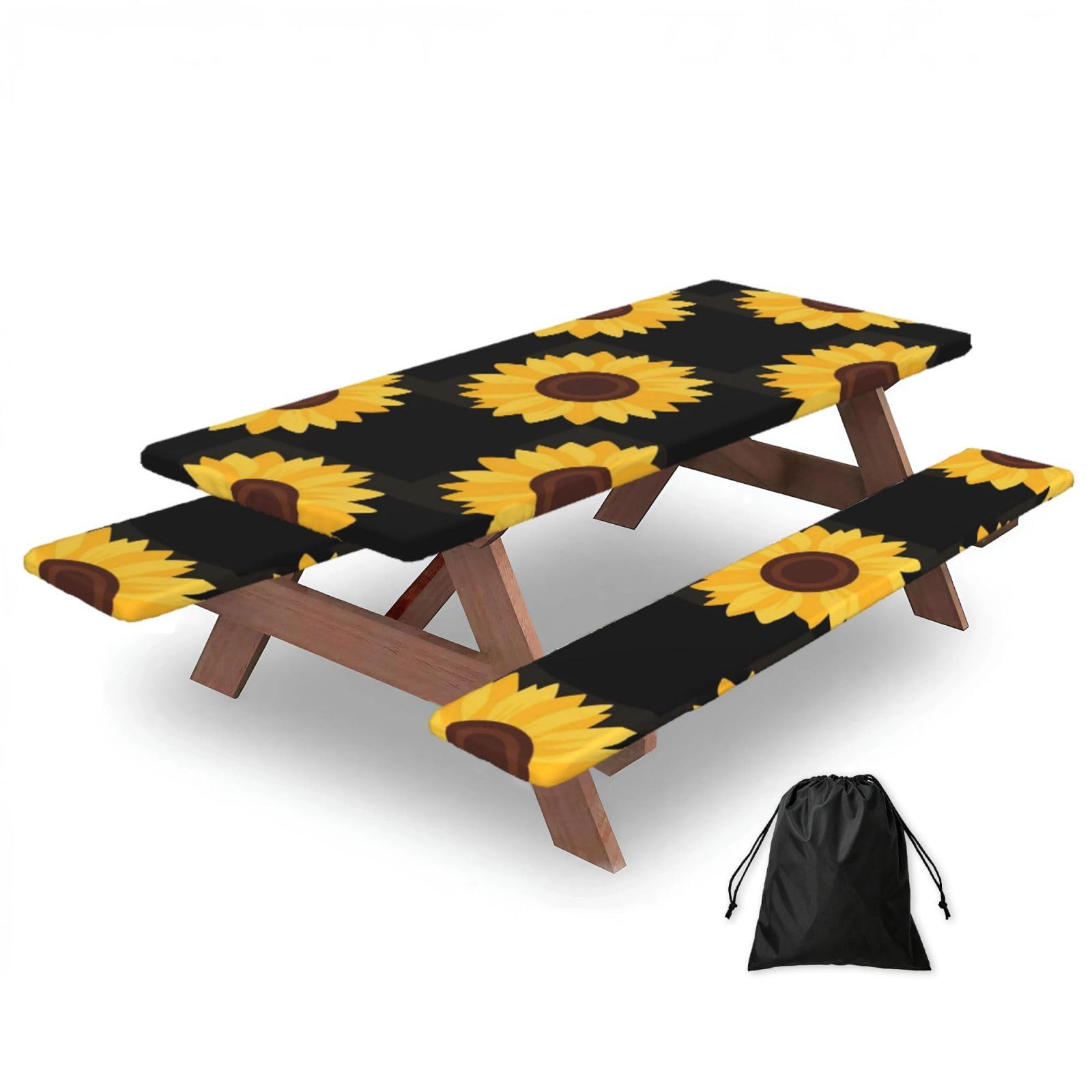 FekiLoot Sunflower Picnic Table Cover with Bench Covers and Bag, Windproof Waterproof Rectangle Tablecloth with Elastic Edges Fitted Camping Table Covers for Picnic Party Travel