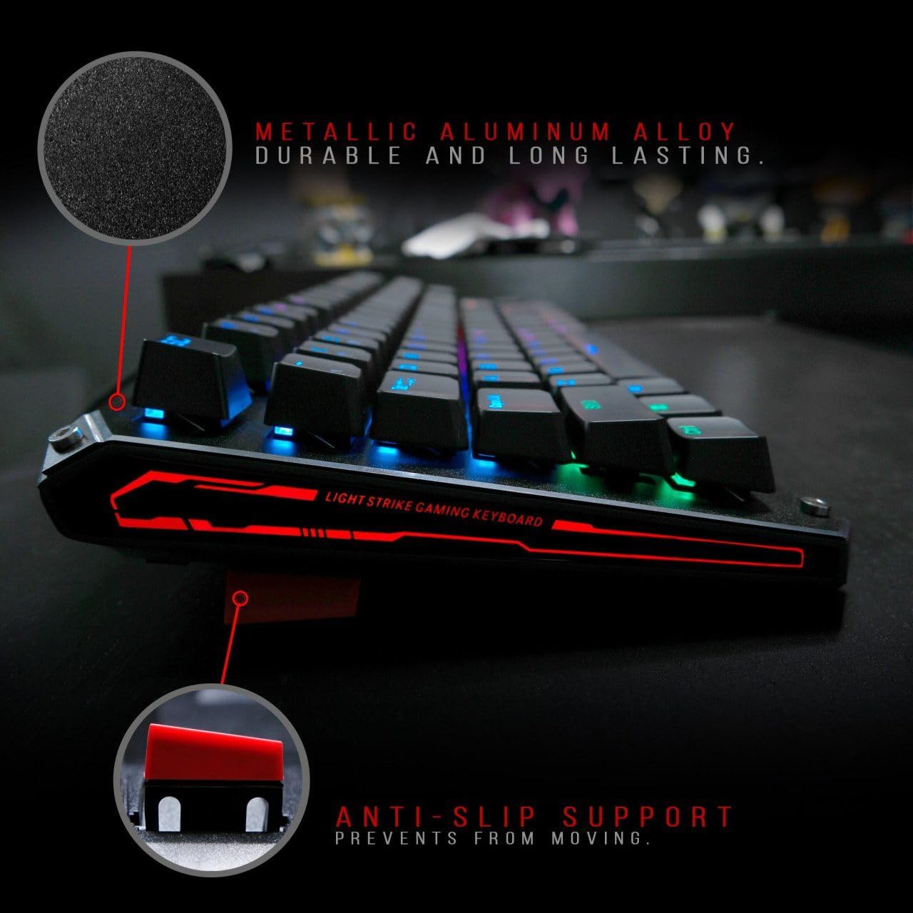 ด้านข้าง view of Bloody B930 TKL keyboard highlighting metallic alloy and anti-slip support