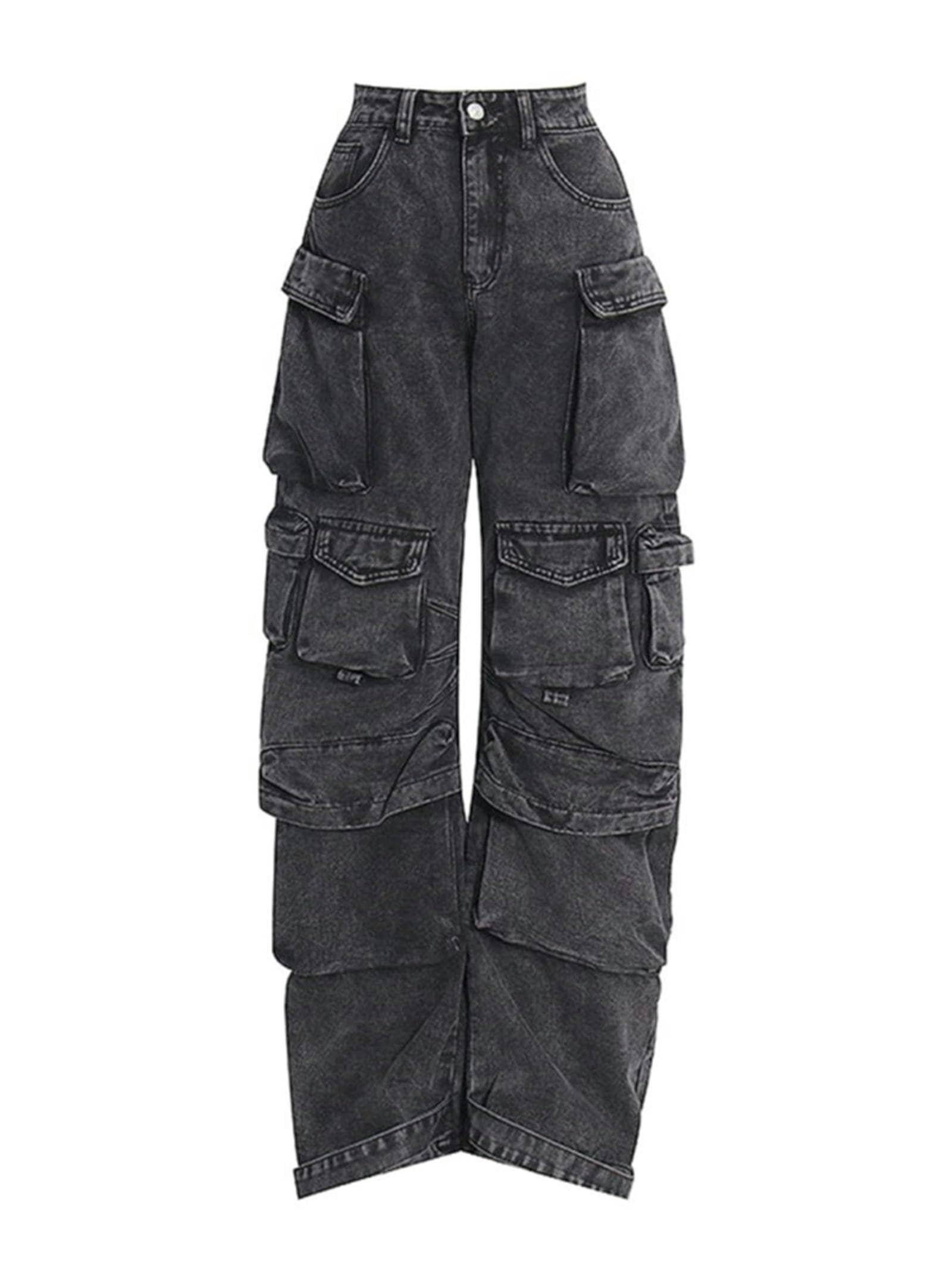 Multi-Pocket-Persönlichkeitsdesign, einfarbig, Y2K-Baggy-Jeans, Damen, High Street, Hip-Hop, weites Bein, lässig, gerade, hoch taillierte Jeans-1-M