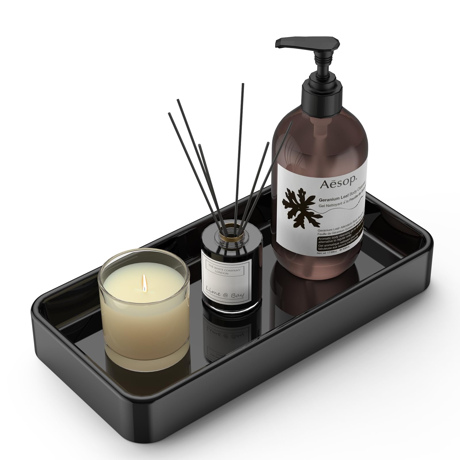 Gurygo 8" Ceramic Kitchen Soap Tray - Small Rectangular Vanity Tray for Bathroom - Countertop and Vanity Tray - Comestic Holder Bathtub Organizer - Bathroom Tray, (Black, Set/1)