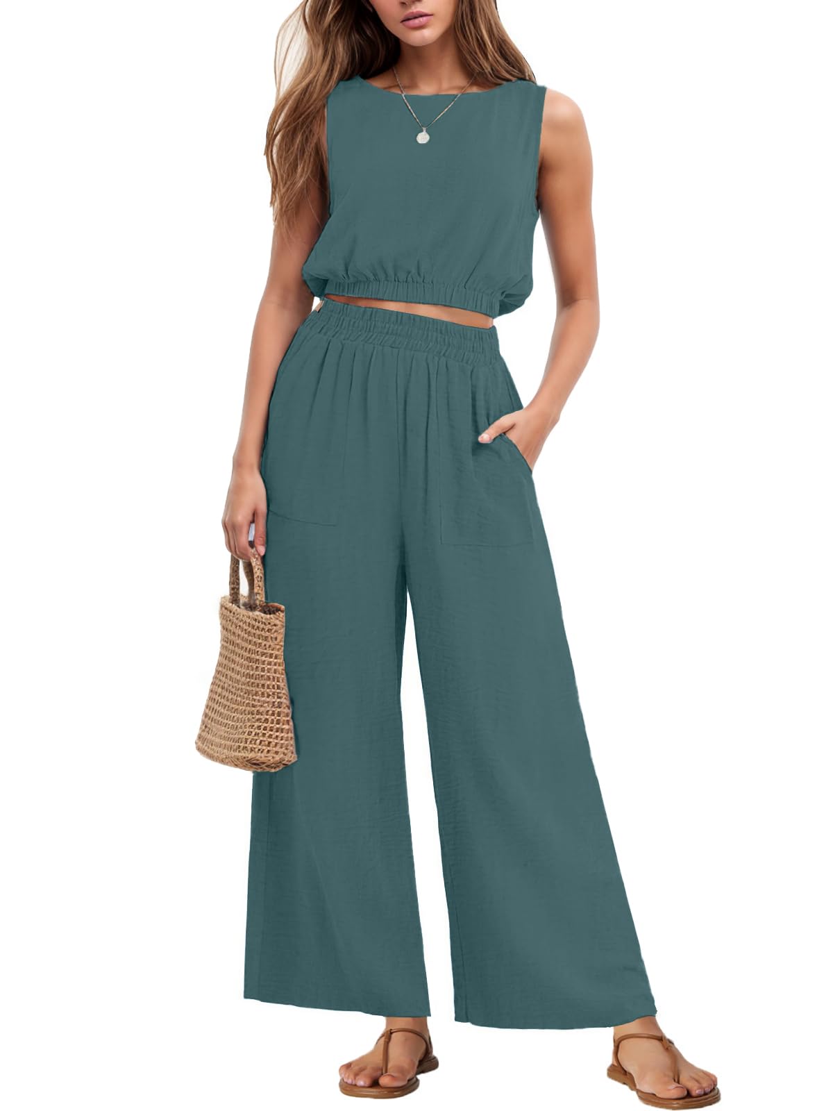 GRECERELLE Two Piece Sets for Women Sleeveless Crop Top Wide Leg Pants Sweat Set for Women Tracksuits 2025 Summer