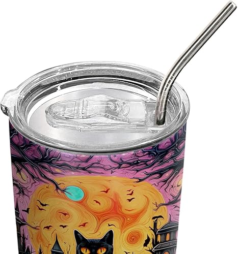 Miniatura 6 de Vaso de Halloween de 20 onzas, gato negro fantasma con calabazas de Halloween, taza de viaje aislada con tapa, termo de café para hombres, mujeres,