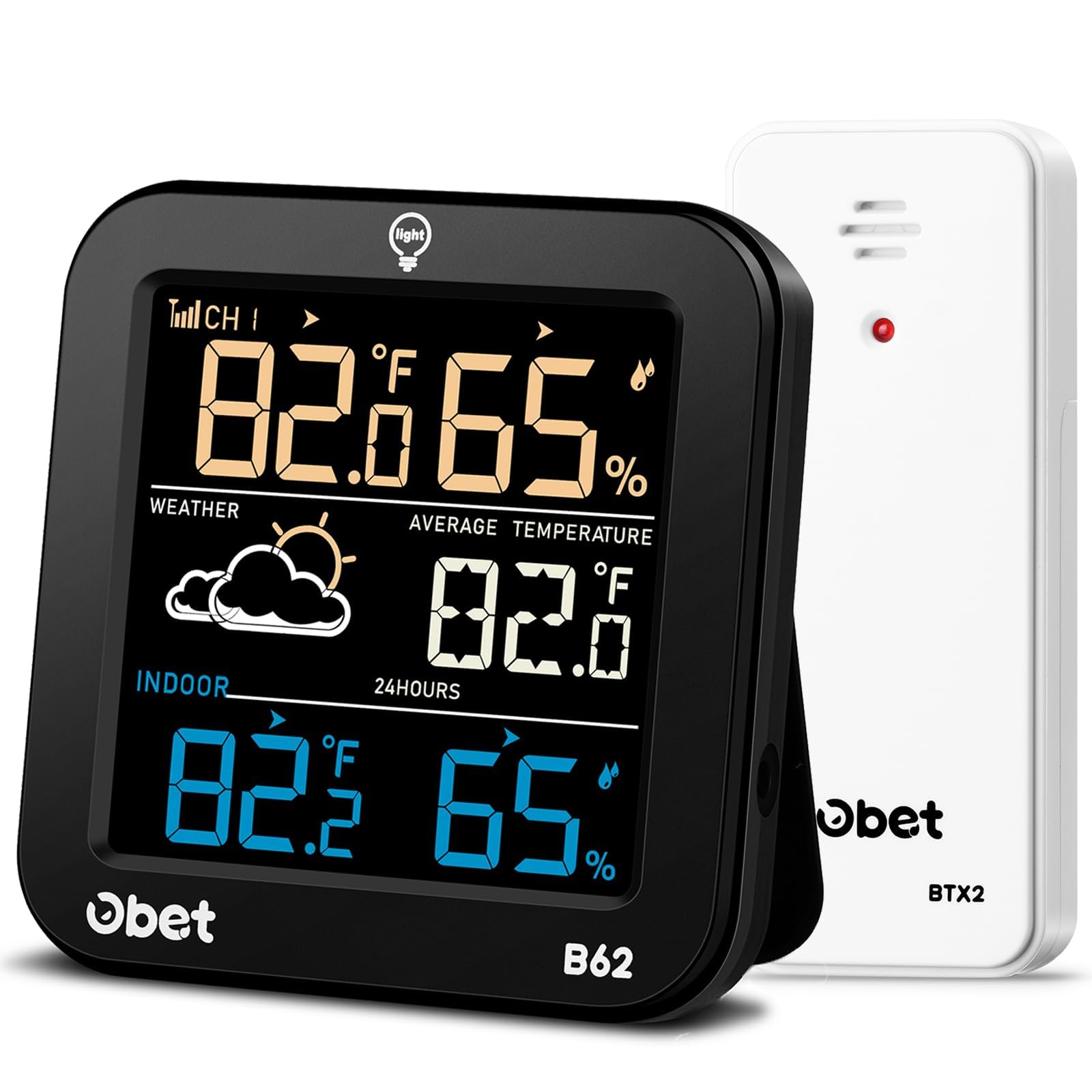 OBET Indoor Outdoor Thermometer Wireless Weather Station with 500FT Range Sensor and Adjustable Backlight Color Display Digital Temperature Humidity Monitor for House Patio