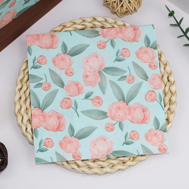 Servilletas Decoupage Flor Azul Rosa Servilletas Papel Decoradas Cocktail Desechables Cumpleaños 2 Capas Toilet Paper Towels Baño para Bodas,Fiesta en el Jardín Mesa Deco 30 Paquetes(33x33cm）